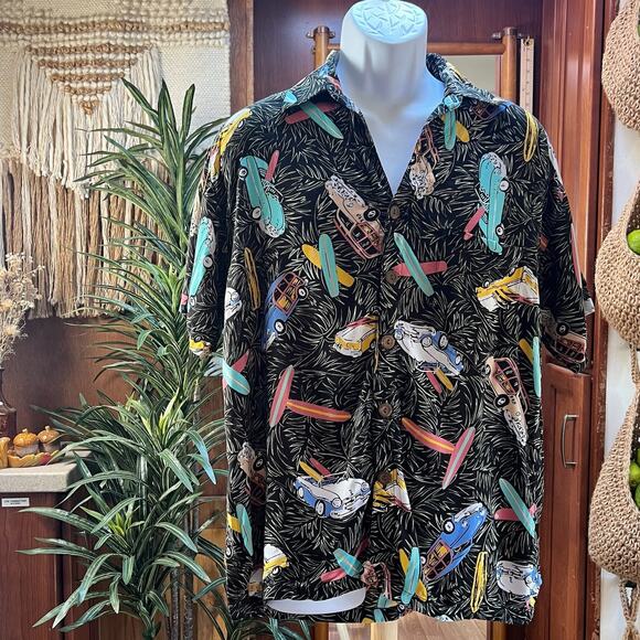 Vintage Pineapple Moon Hawaiian Shirt M | 90s Surf Cars Rayon Aloha Retro Black - Picture 1 of 8